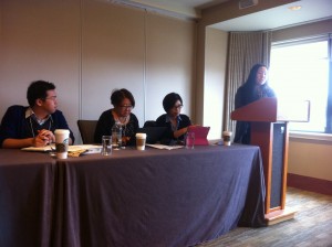 Geographies of Asian America I. Left to right: Chris Eng, Lynne Horiuchi, Jeehyun Lim (chair), Lynn Itagaki. Not pictured: Belinda Kong.