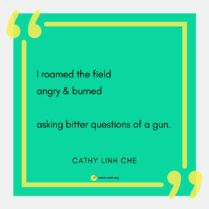 "I roamed the field / angry & burned // asking bitter questions of a gun." --Cathy Linh Che